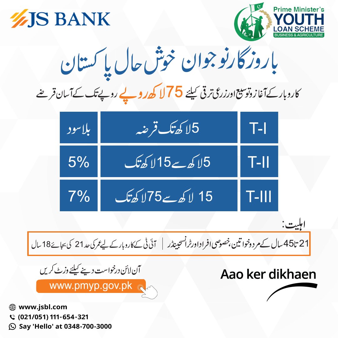JSBLPak's tweet photo. Ab Prime Minister’s Youth Loan Scheme k zariye asaan qarza hasil karain aur apnay karobaar ka aaghaaz karain!
Loan apply karnay ka liya https://t.co/hnw1DP6VWh per click karay
#JSBank #BarhnaHaiAagey #PMYES https://t.co/hlwuFUcjXQ