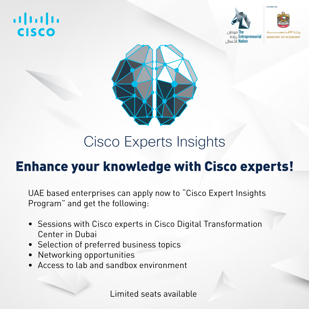 #CiscoUAE Country Digital Acceleration Program "CDA," is proud to announce a partnership with The Entrepreneurial Nation, an initiative by The UAE #MinistryofEconomy to boost enterprises' business management and digitalization practices.
<a href="/Entrp_Nation/">The Entrepreneurial Nation</a> 
cs.co/60113itvf