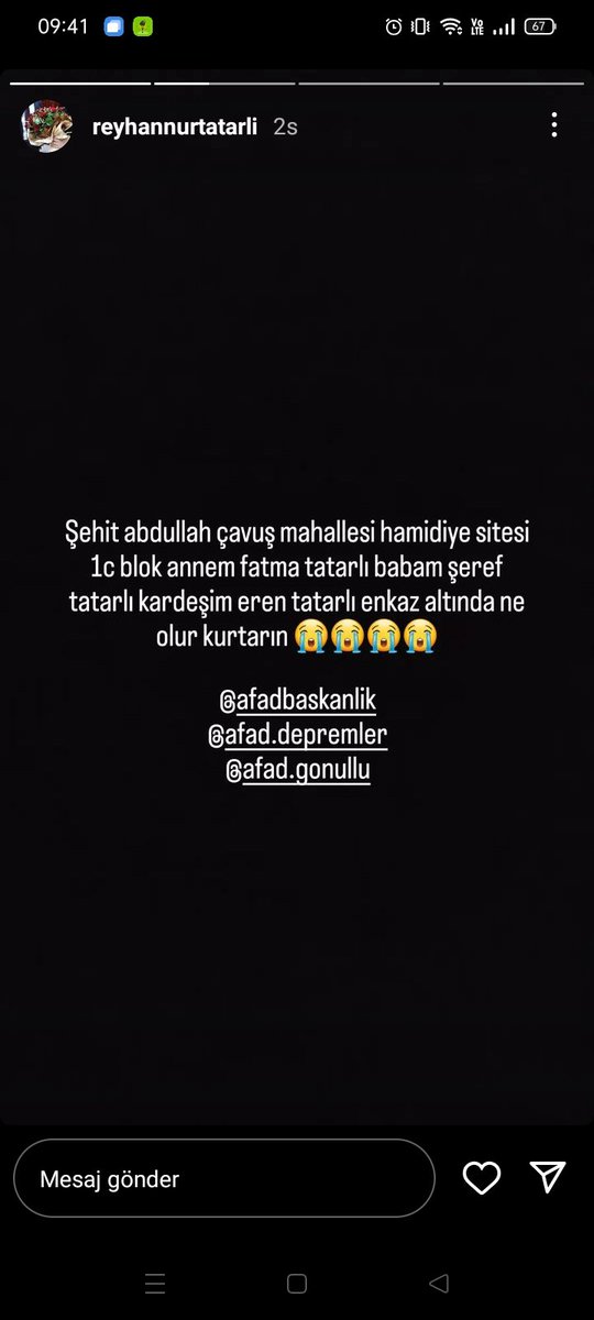 Komşumuzun ailesi enkaz altında.Herkes gibi o da dünden beri perişan hiçbir haber alamıyor.
İl: Kahramanmaraş
<a href="/AFADBaskanlik/">AFAD</a> <a href="/AFAD_gonullu/">AFAD Gönüllülük Sistemi</a> <a href="/DepremDairesi/">AFAD Deprem</a> <a href="/ahbap/">Ahbap</a> <a href="/haluklevent/">Haluk Levent ( Ahbap Ekibi )</a>