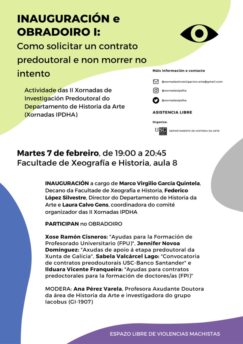 gruporganistrum's tweet photo. Hoxe as 19h inauguración das II Xornadas de Investigación Predoutoral do Departamento de Historia da Arte
.
#grupoorganistrum #ipdha #usc
.
@UniversidadeUSC @facultadeXH @xornadasipdha @CulturaXunta @Xunta https://t.co/Z7mL7vLGAI
