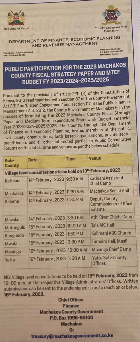 The County Government of Machakos (@Machakos_Gov ) has issued a call for public participation for the 2023 Machakos County Fiscal Strategy Paper and MTEF Budget FY 2023/2024-2025/2026. 

<a href="/JKmuraguri/">James Muraguri</a>
