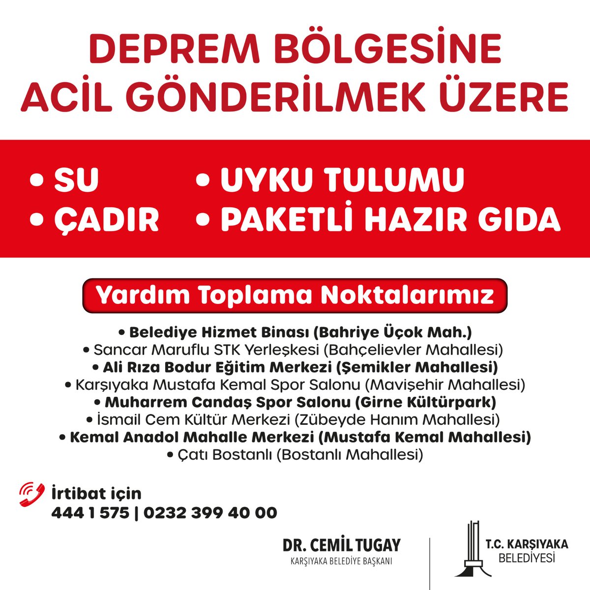karsiyaka_bel's tweet photo. Afet bölgesine ulaşan ilk ekiplerimizin tespitlerine göre, acil olarak, içme suyu, hazır gıda, uyku tulumu, tüplü ısıtıcı ve çadır ihtiyacı var. Toplanacak yardımlarda öncelikli olarak bu malzemelere yer verilmesi önem arz ediyor. https://t.co/tONV0eXHeQ