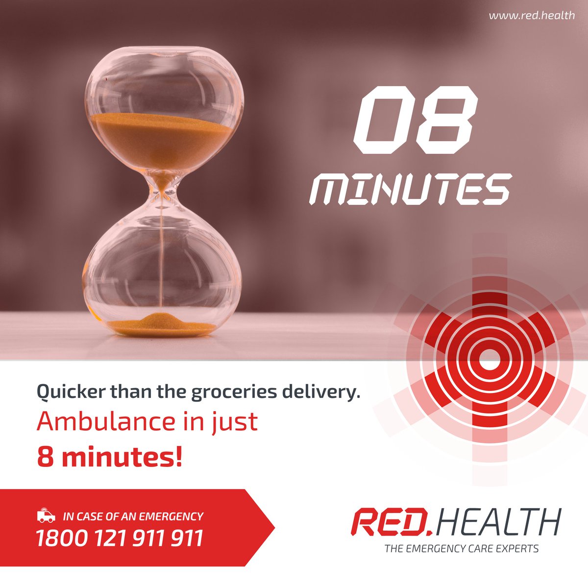 theredhealth's tweet image. Groceries delivery in 10 mins is cool but how about an ambulance in just 8 mins?
Call RED Ambulances at 1800 121 911 911 for the fast &amp;amp; reliable emergency care.

#health #healthcare #medicalresponse #trending #emergency #facts #india #new #trendingnow #redambulances #REDHealth