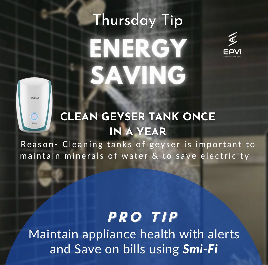 Love #HotShowers ? 🚿 

#Geysers - Your #waterheater tank needs to be cleaned! Also, It can #SAVE electricity bills 💸 

Pro tip- Smi-Fi can save #electricitybills and maintain appliance health with regular alerts on critical situations💯
#LifeHack #energysavingtips #Tips