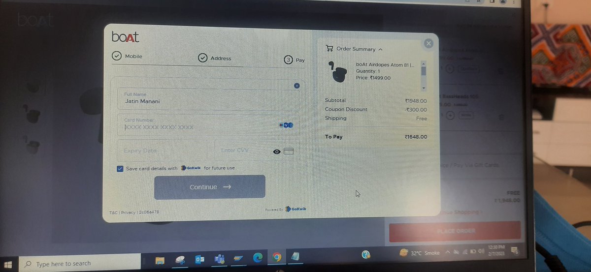 JatinManani786's tweet photo. @RockWithboAt 
Why do I have to save my Debit card details on website before paying..?can't we pay without saving card details.?
I am unable to pay via debit card when I am unticking the "save card details with" checkbox
Plz Help immediately to order my stuffs!
@amangupta0303 https://t.co/WA6velFQAJ