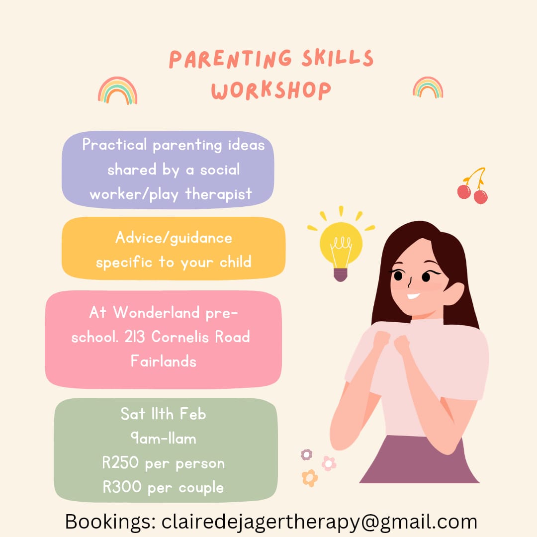 EcdFnb's tweet photo. A lovely opportunity for parents to engage directly with a well recommended play therapist, Claire De Jager.
Booking details are supplied for 11 February.
#fnbecd #helpsaecds #investinourchildren #ECDAwareness #ecdhour #parentinvolvement #parentingtips #playtherapy https://t.co/2ZPgN9skQb