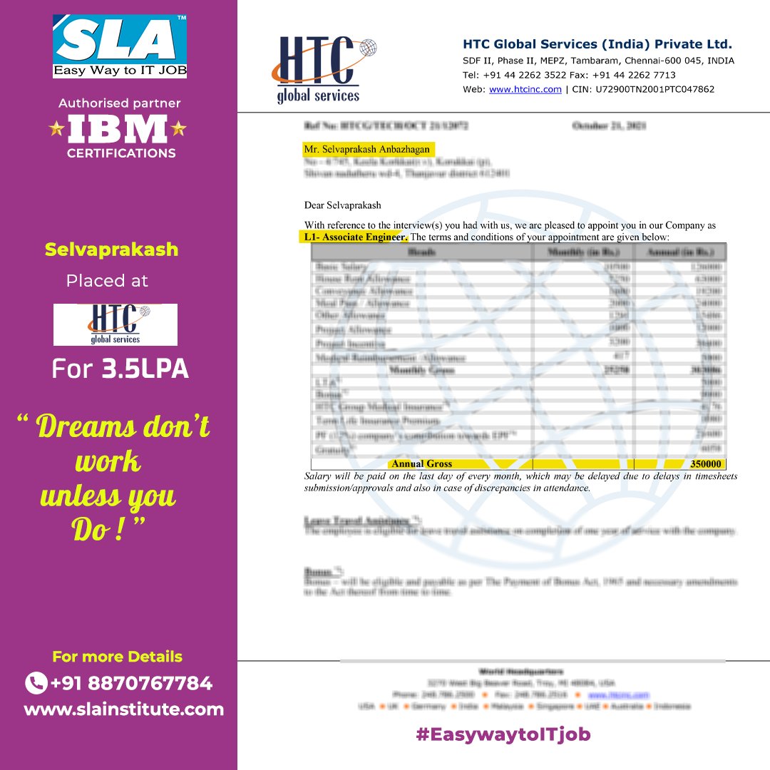 Congratulations, Selvaprakash Anbazhagan, on kickstarting your #career through SLA. Cheers for receiving a #joboffering of 3.5 LPA with #HTC. If you want to succeed in the IT sector, SLA #training is a must. Feel free to #contact us if you have any #questions about our #course