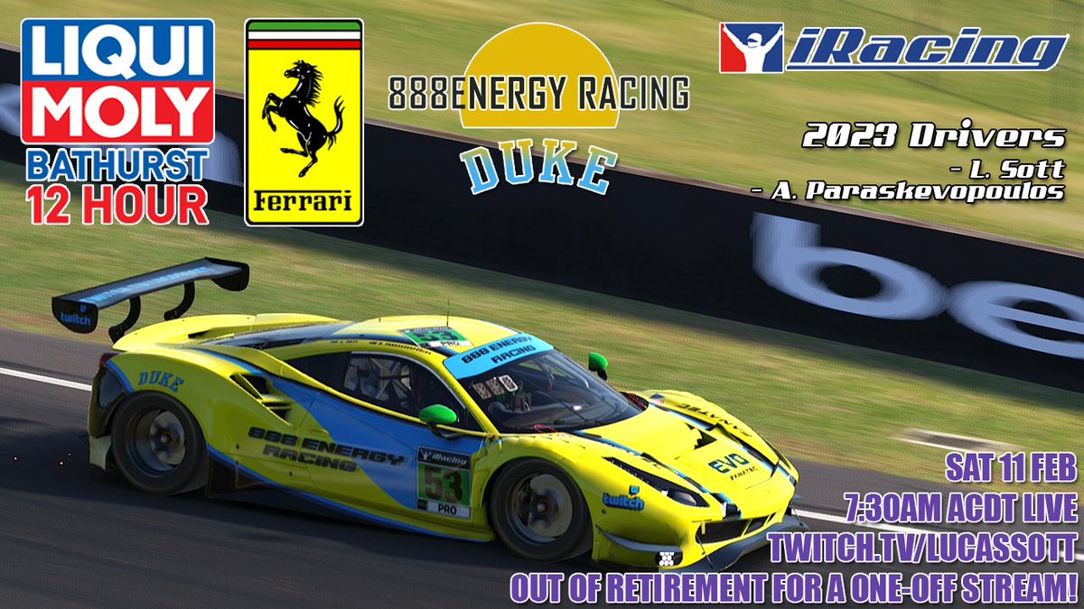 lucassott's tweet image. HELLO! Join us this Sat, 7:30am ACST for a massive 14 hour 'coming out of retirement' one-off stream for 12 hours of Bathurst on iRacing. Last stream was in April 2022, it would be great to see you after 10 months off of Twitch! I will post again on the morning of the race :) xox