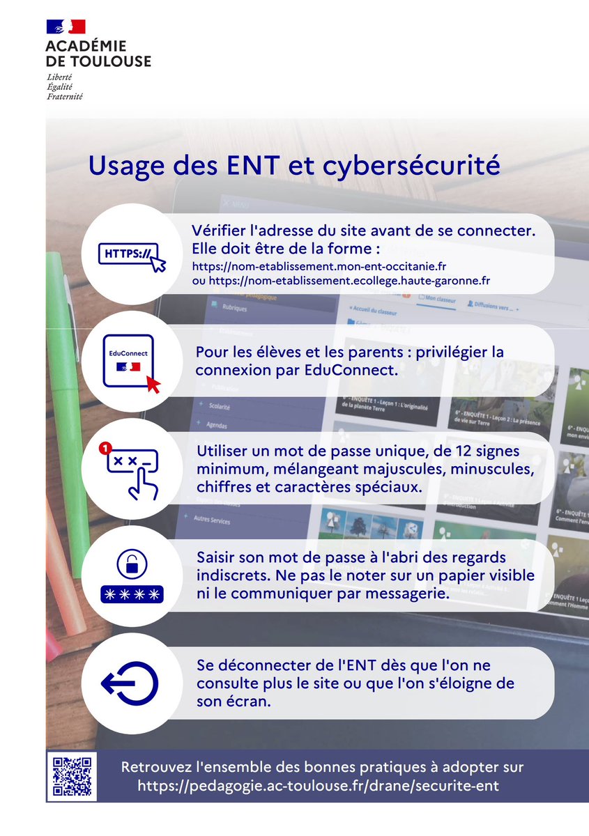 Aujourd’hui, c’est le #SaferInternetDay, l’occasion de rappeler quelques bonnes pratiques de sécurité liées aux usages des Espaces numériques de travail #ENT 🔐👀
👉 pedagogie.ac-toulouse.fr/drane/securite…
#SID2023 <a href="/safeinternetday/">Safer Internet Day</a> <a href="/BetterInternetF/">InternetSansCrainte</a>