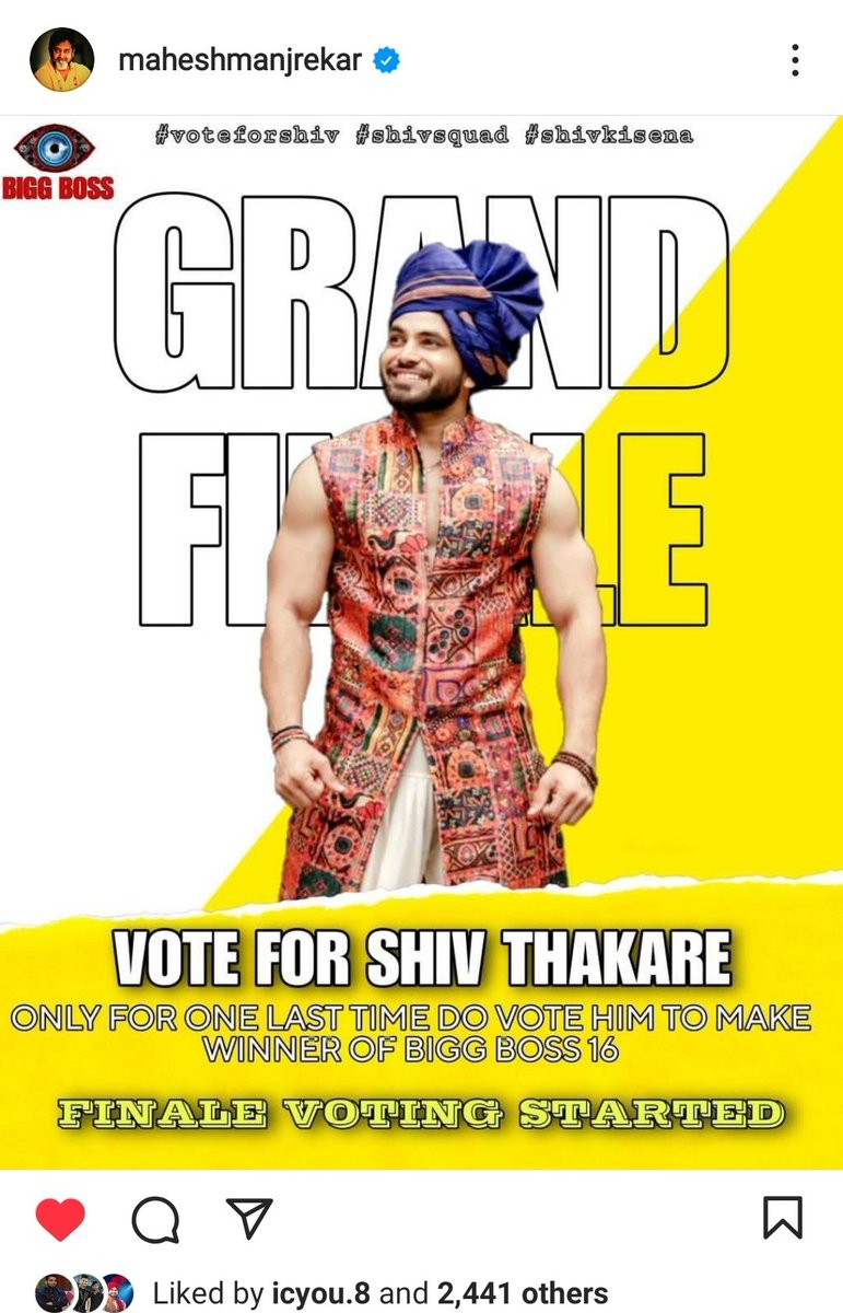 #Maheshmanjarekar sir Supporting #ShivThakare 
Posted on IG account
Guys vote for Shiv .. Trophy waiting only for  Shiv...