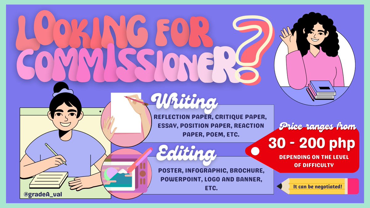 gradeA_val's tweet photo. LOOKING FOR A COMMISSIONER?
You can count on ME!

I am well-versed in grammar, style, and editing. With a price ranging from 30 - 200 PHP, I can provide you with the needed services. Contact me for more information!

#writing #editing #commission #commissioner #academic #acads https://t.co/NM6mDkbCts