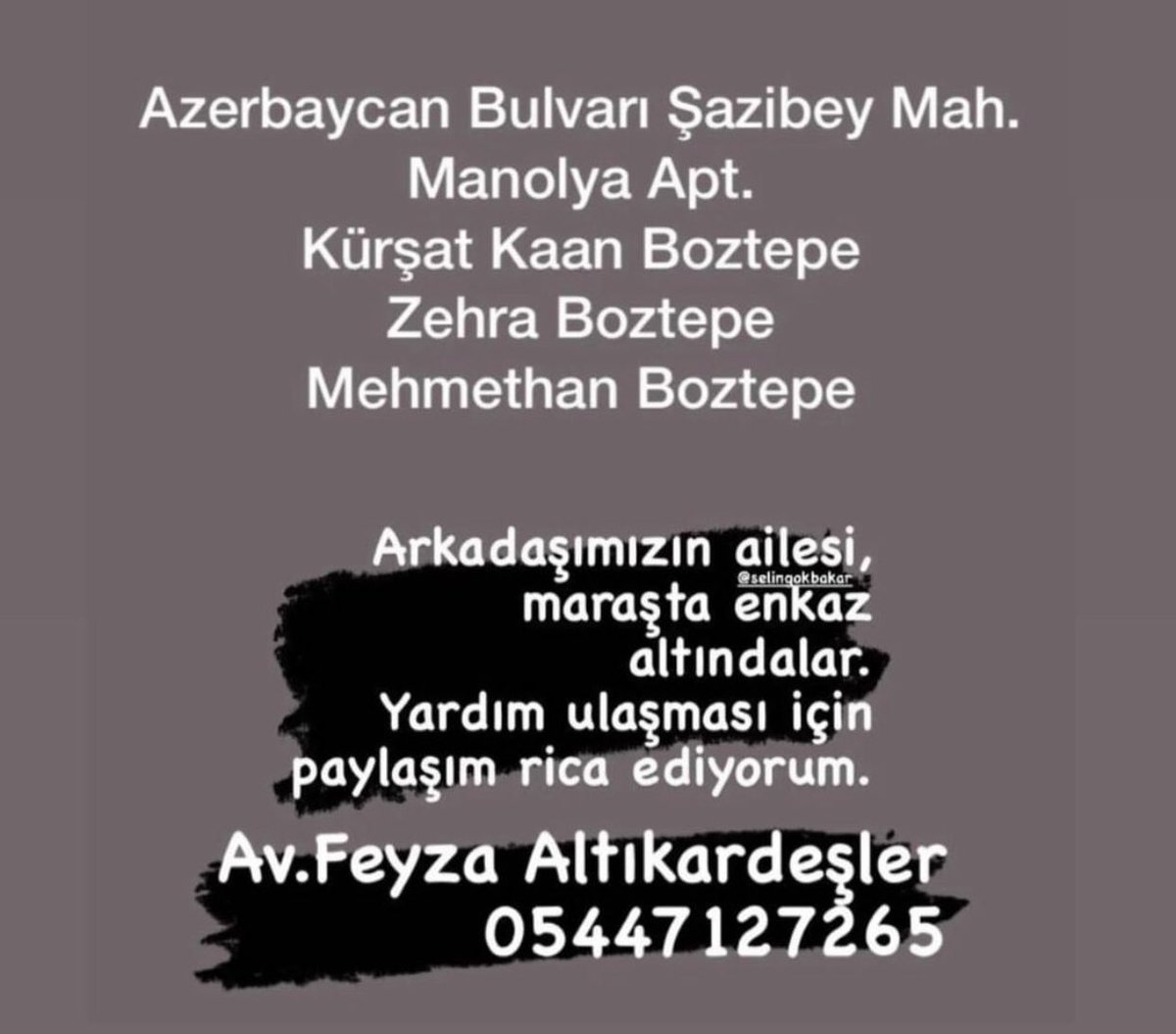 SultanEs58's tweet photo. @barisatay yardım edin sesimizi kimse duymuyor @ahbap @FOXhaber @haluklevent @vekilince @ekrem_imamoglu  hala umut var artık ekip gitsin yeter artık sesimizi duyun @mansuryavas06 @AFADBaskanlik @DepremDairesi @OguzhanUgur https://t.co/AuQIvMoFQk