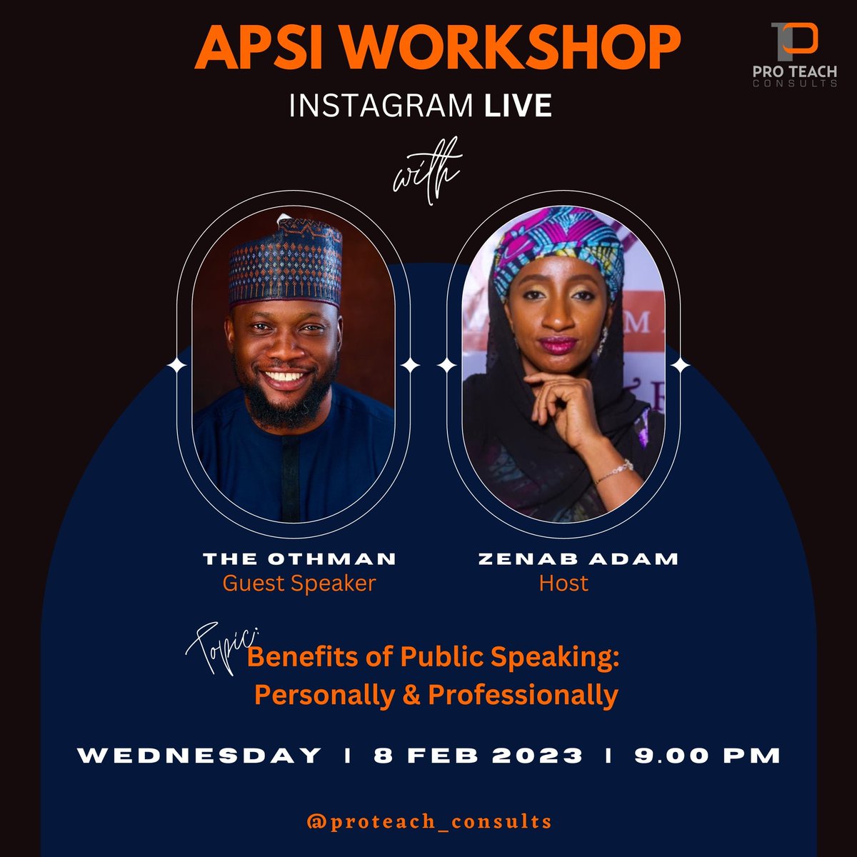 zenabaadam's tweet photo. I am hosting an instagram live session with Coach Othman on Benefits of Public Speaking: Personally &amp; Professionally

Business Leadership Coach
Member of Forbes Coaches Council
The King of The North

Follow @proteach_consults on instagram to join the live. 

#apsi #publicspeaking https://t.co/ucRm8cBtBj