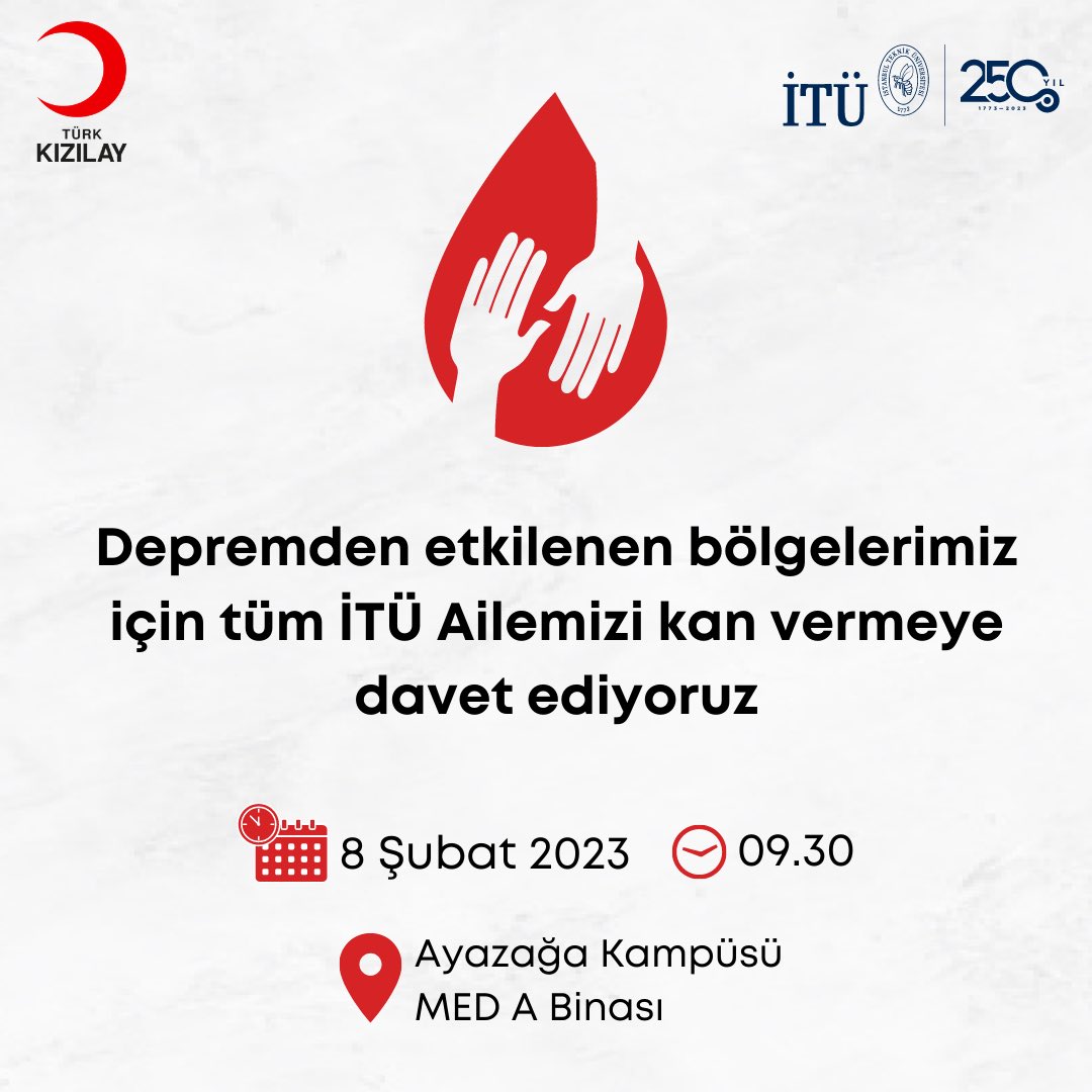 ProfDrKoyuncu's tweet photo. Yaşanan afetin ardından depremden etkilenen bölgeler için, @Kizilay kan bağış noktaları Ayazağa Kampüsü MED A Binamızda kurulacak. 
Tüm İTÜ Ailemizin desteklerini bekliyoruz. https://t.co/oK9o6l88V6