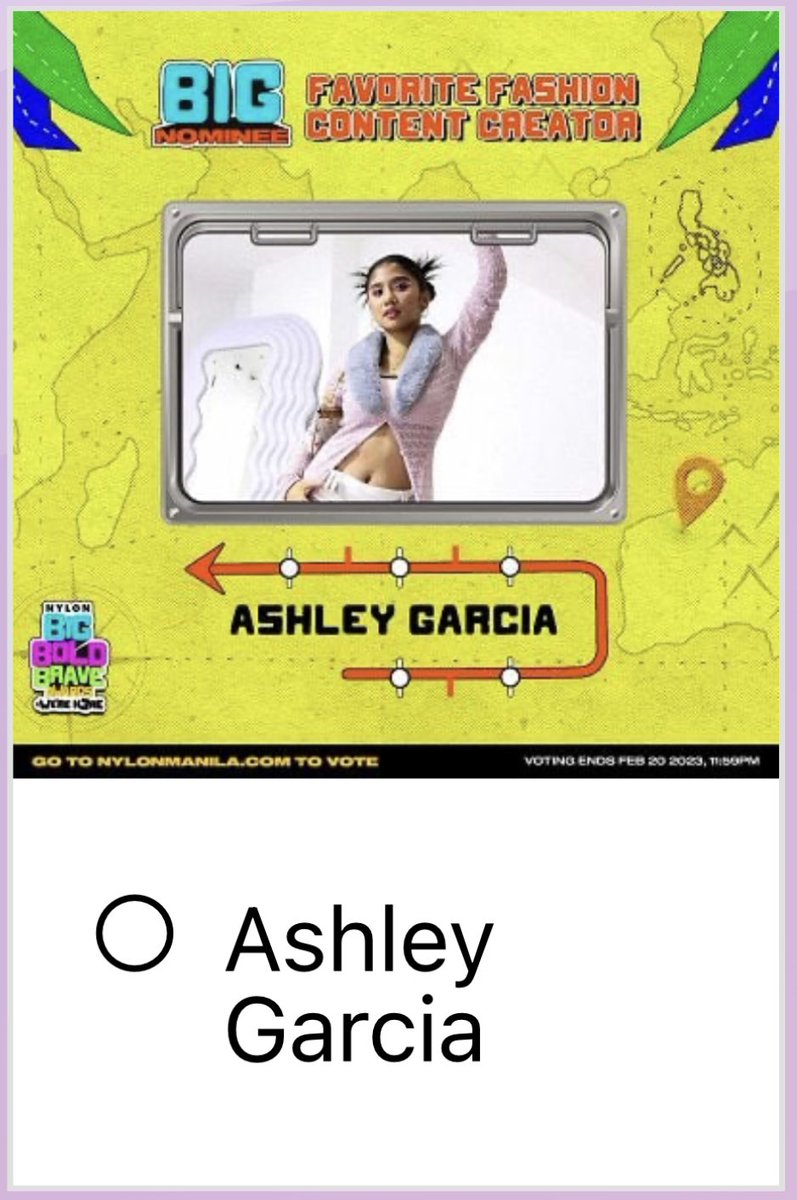 OfficialFamLey's tweet photo. Vote @AshleyOGarcia for Nylon Manila’s “Big, Bold, Brave Awards 2023: Favorite Fashion Content Creator”. 

• Unlimited voting is allowed
• Voting lasts until February 20 11:59 PM Philippine Time
🔗 https://t.co/bvjRtP0p9n https://t.co/7TwxxZ7IKo