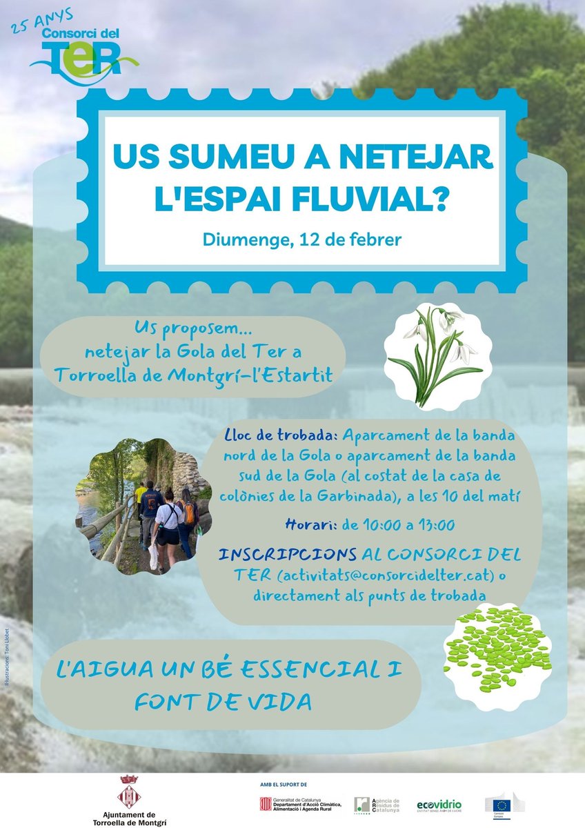 LifePletera's tweet photo. ♻️♻️ JORNADA DE NETEJA DEL RIU TER
📅 Diumenge 12 de febrer del 2023
⏰ De 10 a 13h
📌 Gola del Ter (banda nord i banda sud)
Organtiza: Consorci del Ter
Més ℹ️i inscripcions: activitats@consorcidelter.cat https://t.co/kic0kiVkhh