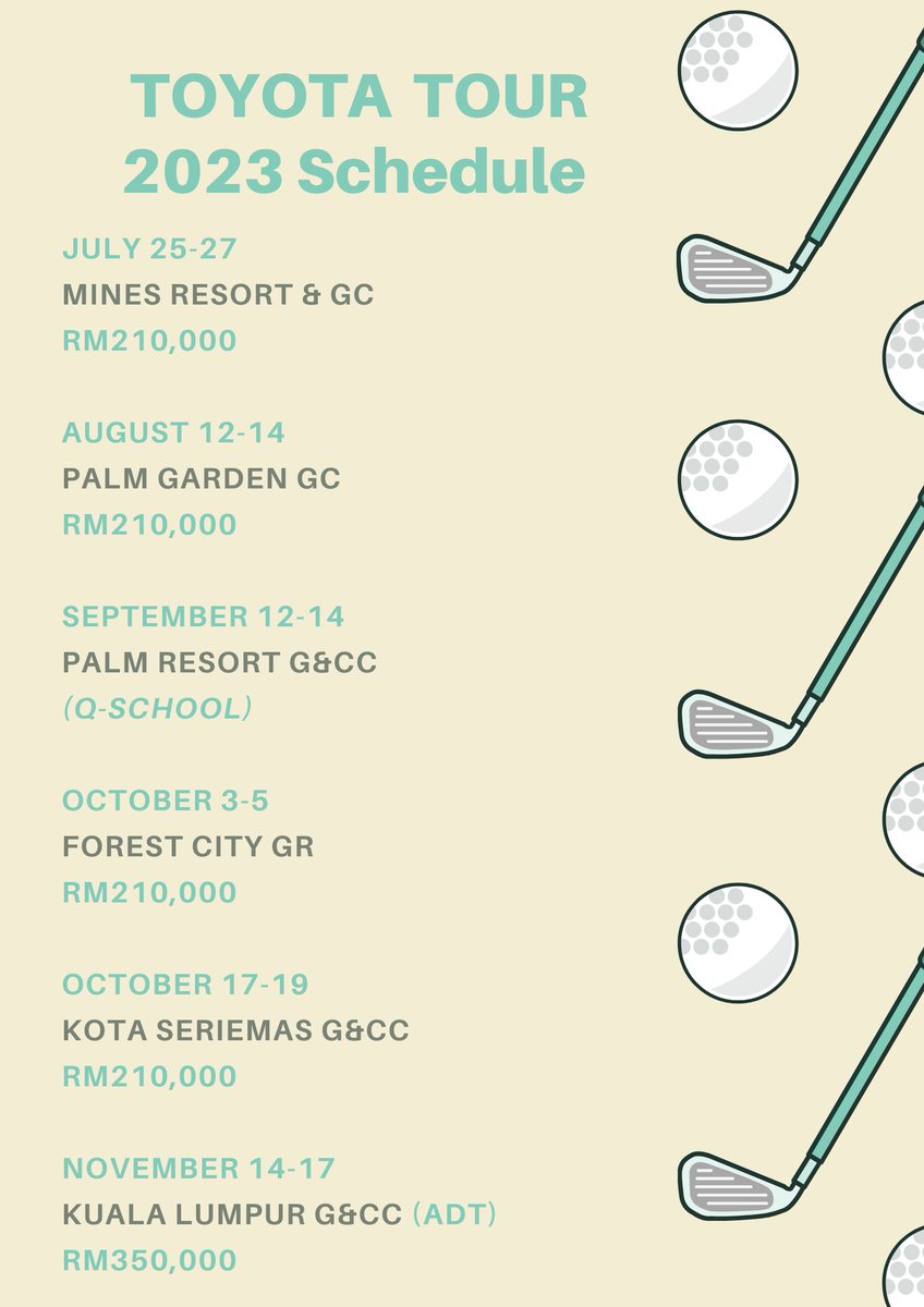 theclubhousemy's tweet photo. The 2023 Toyota Tour schedule features 10 confirmed events with the season-ending Toyota Championship being co-sanctioned with the @ADT_golf.
All events will feature a women's competition. #pgmtour #toyotatourmy https://t.co/O7e0tPe7pZ