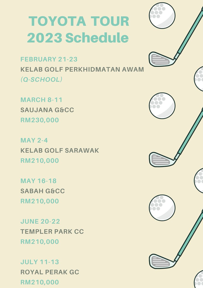 theclubhousemy's tweet photo. The 2023 Toyota Tour schedule features 10 confirmed events with the season-ending Toyota Championship being co-sanctioned with the @ADT_golf.
All events will feature a women's competition. #pgmtour #toyotatourmy https://t.co/O7e0tPe7pZ