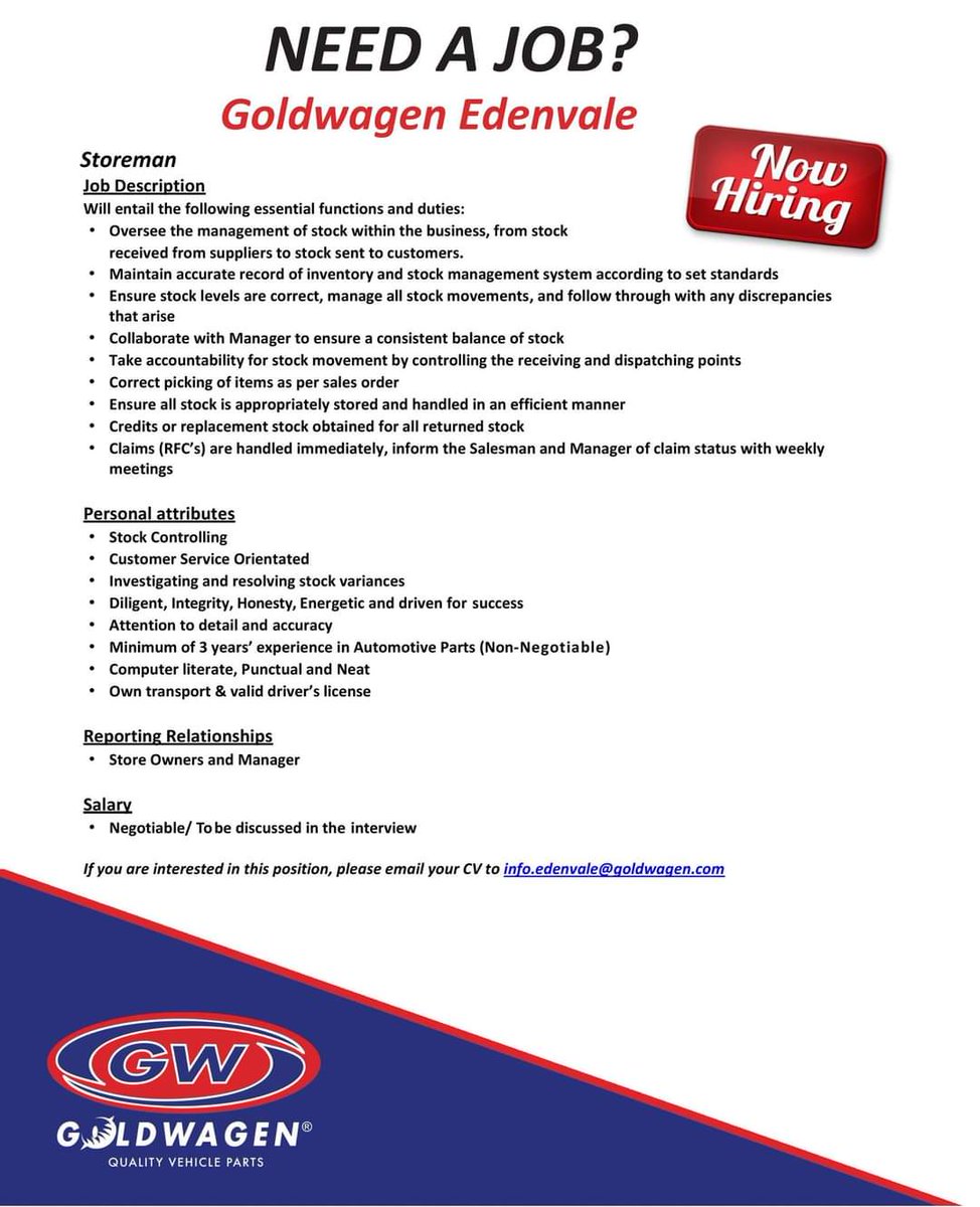 comforttenyeko's tweet photo. Goldwagen Edenvale is hiring ❗❗❗

Location: East Rand (Gauteng)☑️

Please send your CV to info.edenvale@goldwagen.com☑️ https://t.co/6qU0us9MHj
