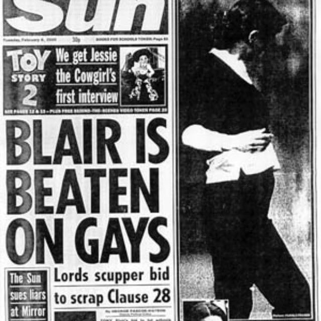 labour_history's tweet photo. #OTD 2000. Labour's first attempt to scrap Section 28 is defeated in the Lords. 

The journalist Boris Johnson says children shouldn't be "taught some rubbish about homosexual marriage being the same as normal marriage” as Tories mount protest against its repeal. https://t.co/5t3EpQ3DTa