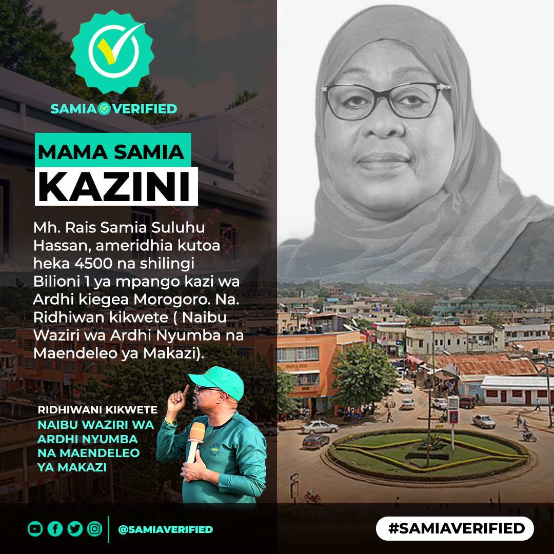 Samiaveriified's tweet photo. 🇹🇿
📍 MOROGORO ⤵️

🗣️ "MAMA SAMIA KAZINI" 

Mh. Rais Samia Suluhu Hassan, ameridhia kutoa heka 4500 na shilingi Bilioni 1 ya mpango kazi wa Ardhi kiegea Morogoro. 
Na Mh. Ridhiwan kikwete (Naibu waziri wa Ardhi Nyumba na Maendeleo ya Makazi).
  
#MamaSamiakazini
#Samiaverified✅ https://t.co/bTgEEMJtHt
