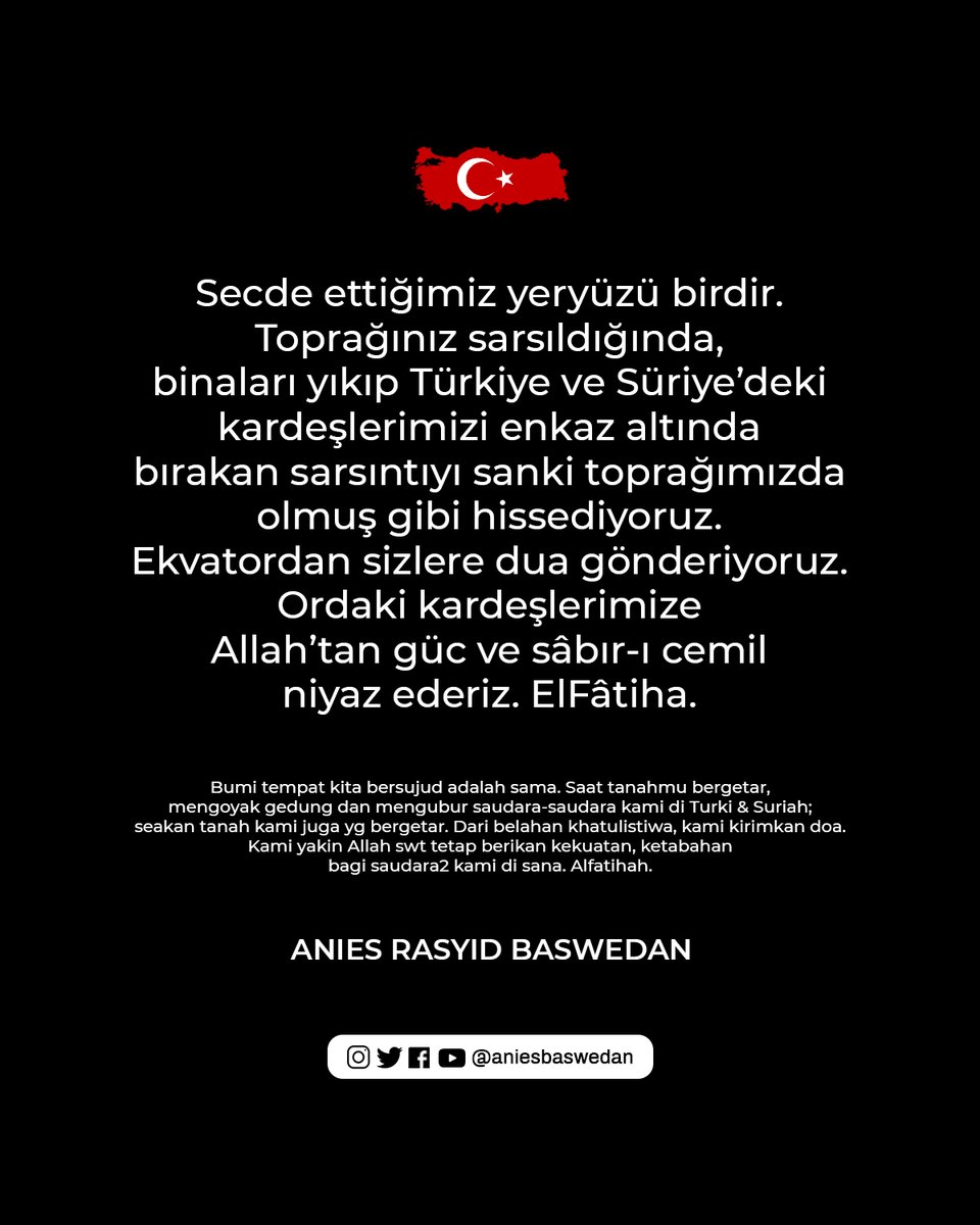 aniesbaswedan's tweet photo. Ekvatordan sizlere dua gönderiyoruz.
#PrayForTurkey 
@trpresidency @rterdogan @TC_CakartaBE https://t.co/DyMHRaZRfr