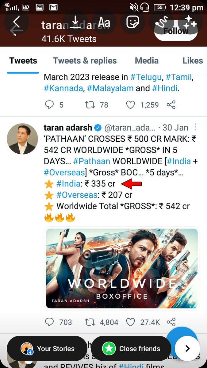 Avyagra_1007's tweet photo. #Taranadarsh पठान रिलीज़ के 5 दिन बाद 30 जनवरी को अपनी पोस्ट में बता रहे कि फिल्म
#India में अब तक 335 करोड़
कमा चुकी है
वहीं दूसरी और बता रहे कि #Pathaan को 300 करोड़ क्लब में शामिल होने में 7 दिन लग गए
एक और #IMDb वाले तो कलेक्शन का बिल्कुल अलग ही आंकड़ा बता रहे🤔
#FlopPathaan https://t.co/x1blXvuWP0