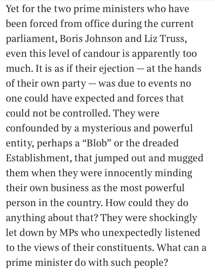 William Hague not holding back on Boris Johnson &amp; Liz Truss failing to take the blame for their mistakes in <a href="/thetimes/">The Times and The Sunday Times</a>:

“If you became PM, with a majority behind you and a decent term in front of you, but were overthrown amid chaos, there is indeed someone to blame. It’s you.”