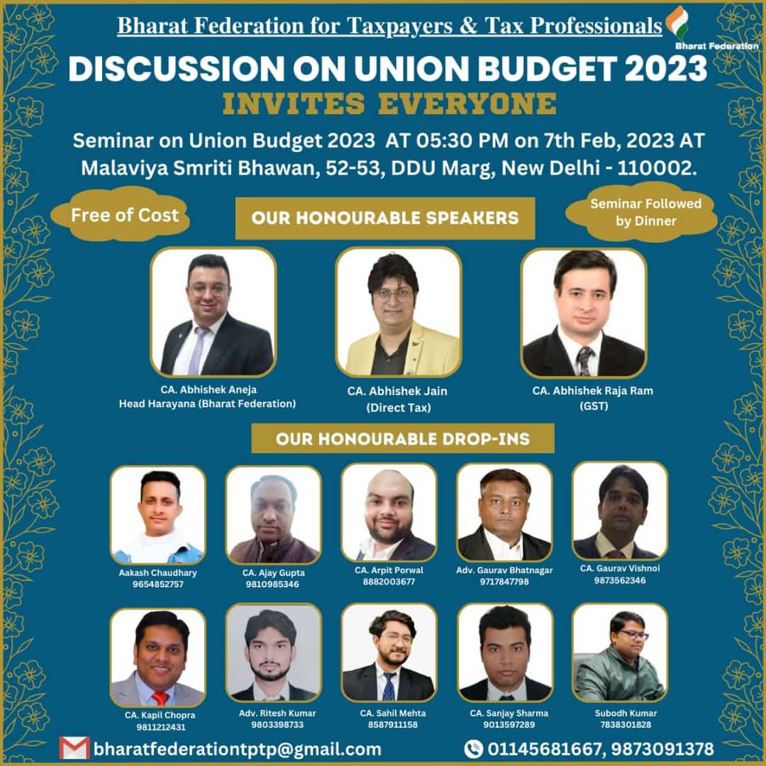 Finally... Its today (7th Feb, 2023) Seminar on Union Budget 2023 at Malaviya Smriti Bhawan.

#freeseminar #Budget2023 #gstupdates #incometax