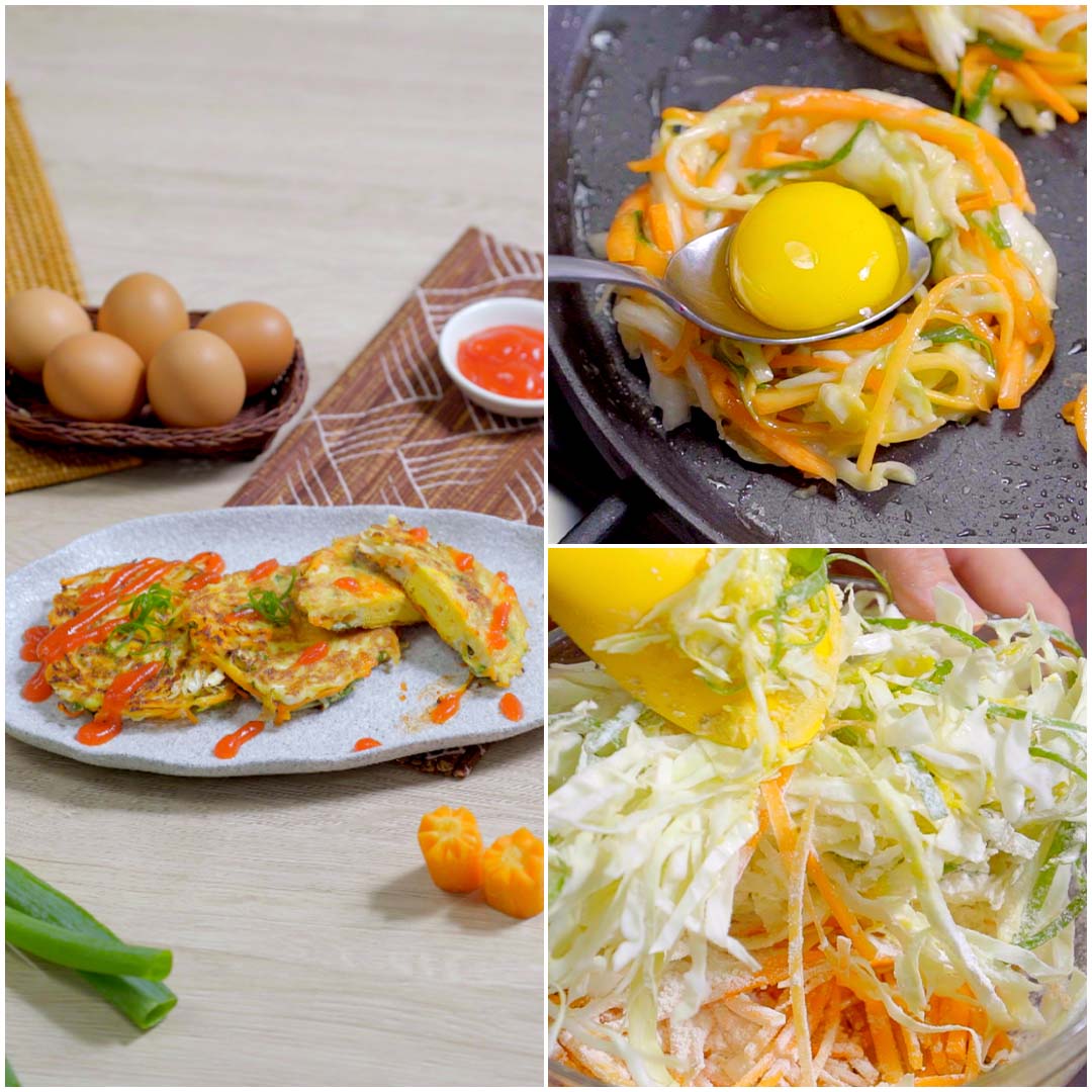 A four-panel collage showing the preparation of a vegetable pancake, featuring brown eggs in a basket, shredded cabbage and carrots with an egg yolk on a spoon, mixed vegetables being stirred, and the finished pancake drizzled with chili sauce.