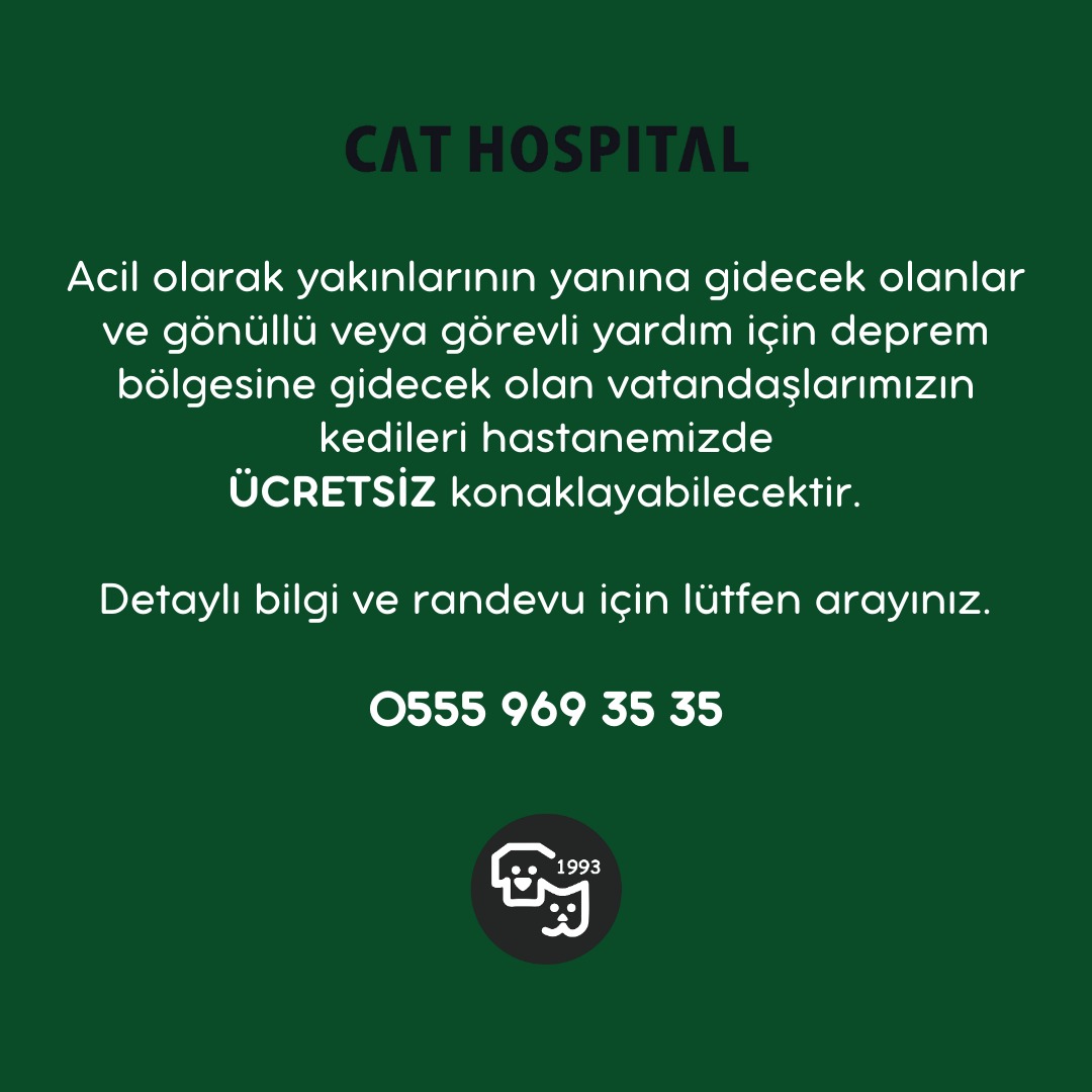 Acil olarak yakınlarının yanına gidecek olanlar ve gönüllü veya görevli yardım için deprem bölgesine gidecek olan vatandaşlarımızın kedileri hastanemizde ÜCRETSİZ konaklayabilecektir

Detaylı bilgi ve randevu için lütfen arayınız.

#deprem 
#GecmisOlsunTuerkiyem 
#marasdeprem
