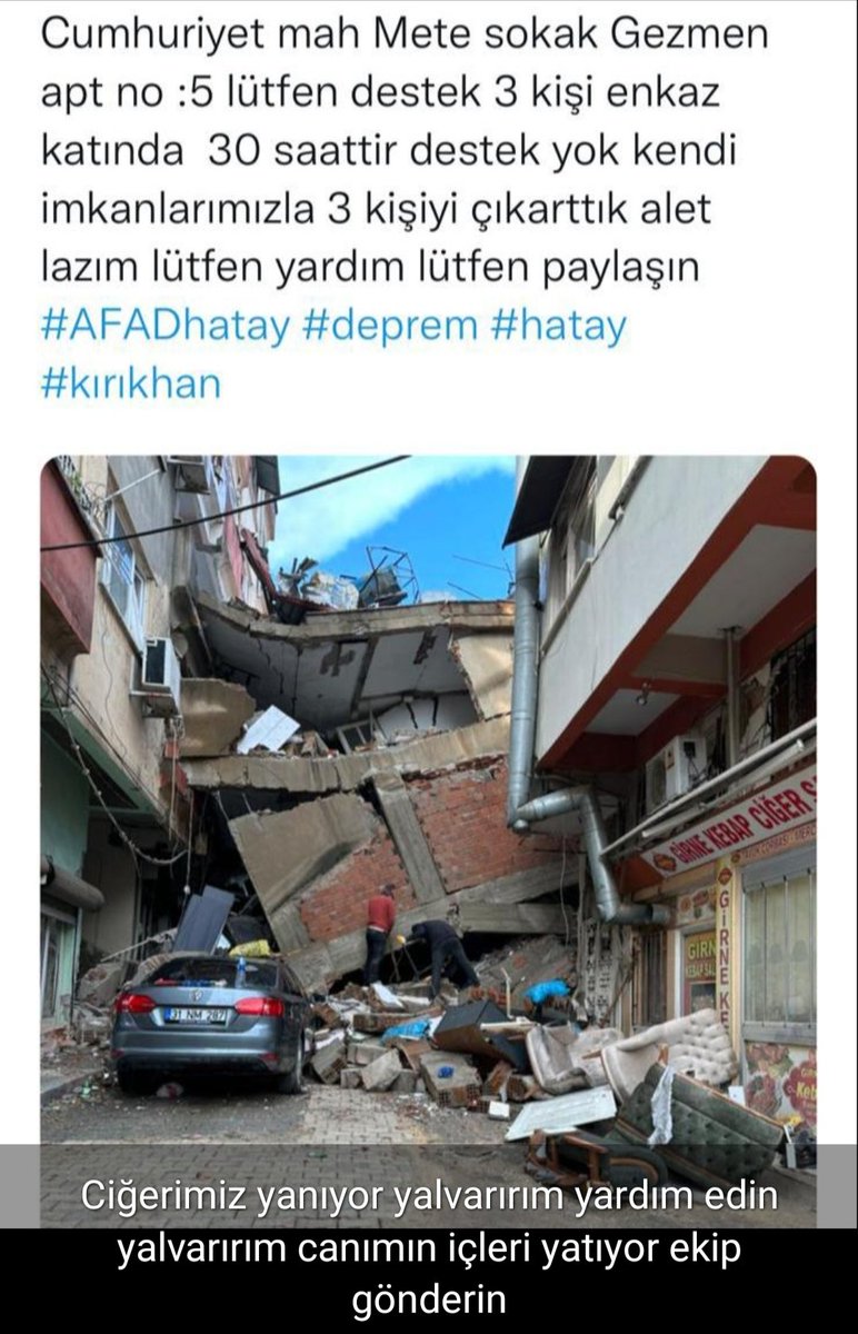 cansupdr80's tweet photo. @AFADHatay #hatay #hatayyardimbekliyor #deprem Allah yardımcımız olsun
 Hatay çok kötü durumda. 😰 https://t.co/83M1gmdkzh