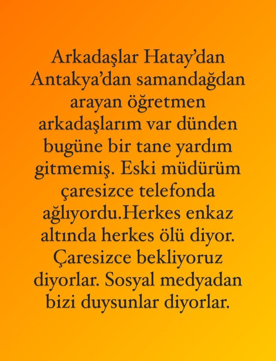 Hatay Antakya Samandağ lütfen ekiplere ulaşmasını sağlayın
RT yaparmısıniz durumları acil arkadaşlar