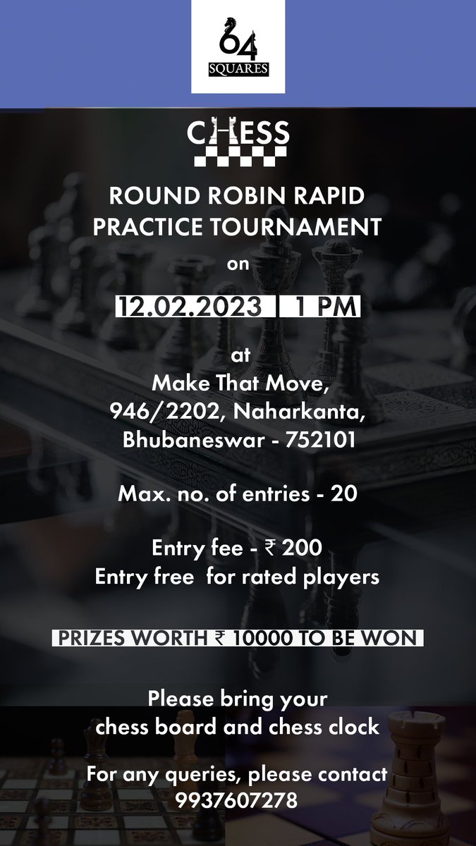 makethatmovein's tweet photo. Let's check some boxes:
1. You are/can be in Bhubaneswar this Sunday
2. You love Chess
That's reason enough to fill out this form:
https://t.co/CGobwG3J3M

#Chess #Tournament #Sport #Play #Game #64Squares #MakeThatMove #Mindfulness #Focus 
@chesscom_in @ChessbaseIndia @aicfchess https://t.co/BfGIGsxBLS