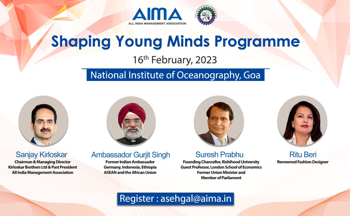 aimaindia's tweet photo. Join us in Goa for AIMA’s popular ‘SYMP Series', a unique platform for young professionals to interact &amp; learn from iconic leaders. @SCKirloskarCMD; @AmbGurjitSingh; @sureshpprabhu; @therituberi &amp; more will address the Programme. 
Register- asehgal@aima.in 
#SYMPSeries https://t.co/f27MsXdDit