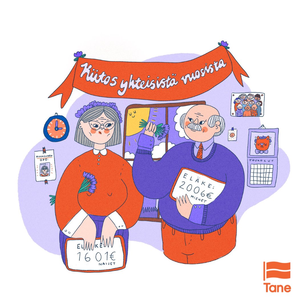 ✨Mål: För lika och likvärdigt arbete betalas samma lön oberoende av kön. Könsrelaterade skillnader i pensionsnivån minskas med åtgärder för att uppnå lika löner.✨ 

År 2021 var medelpensionen för kvinnor 1601 € och för män 2006 €  i månaden.
#JämställdhetsVal #Riksdagsval2023