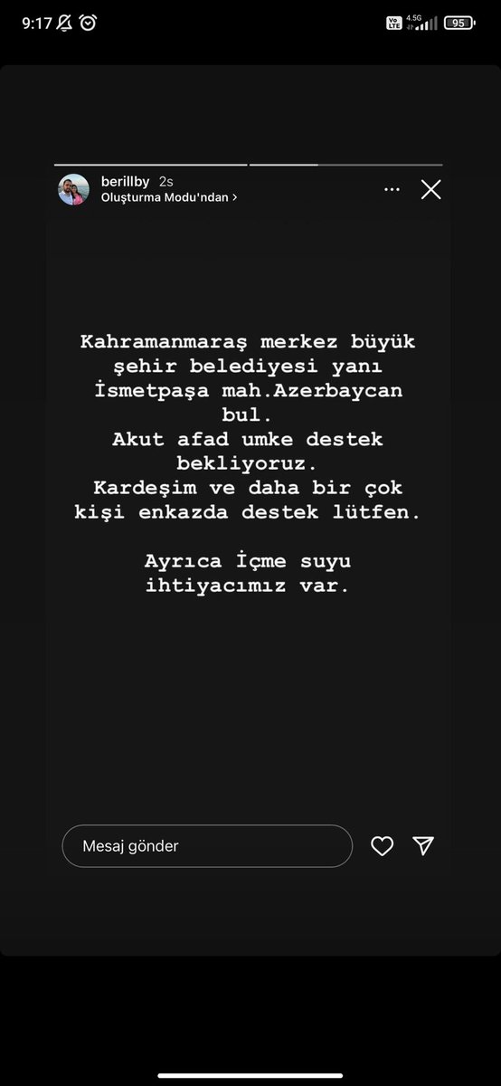 pdgamzenur's tweet photo. @elifsalci @alniopulesitivt @AFADKMaras @AFADBaskanlik @ahbap @haluklevent Kaç saat oldu ekip yok. İnsanlar kendi imkanlarıyla yardım ediyor lütfen yardım edin artık https://t.co/RMmkKZZCBN