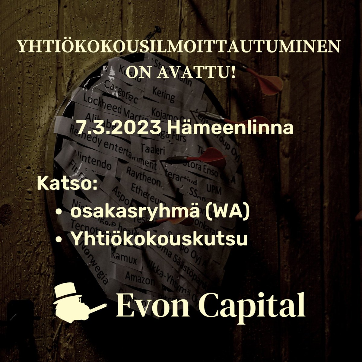 Osakkaat huomio! Kuten viime vuonna, tänäkin vuonna meidän yhtiökokouksemme on Suomen eeppisin. 
Itse yhtiökokoukseen ei osakkaan tarvitse ilmoittautua, mutta majoitus ja iltaohjelma vaativat ilmoittautumista.