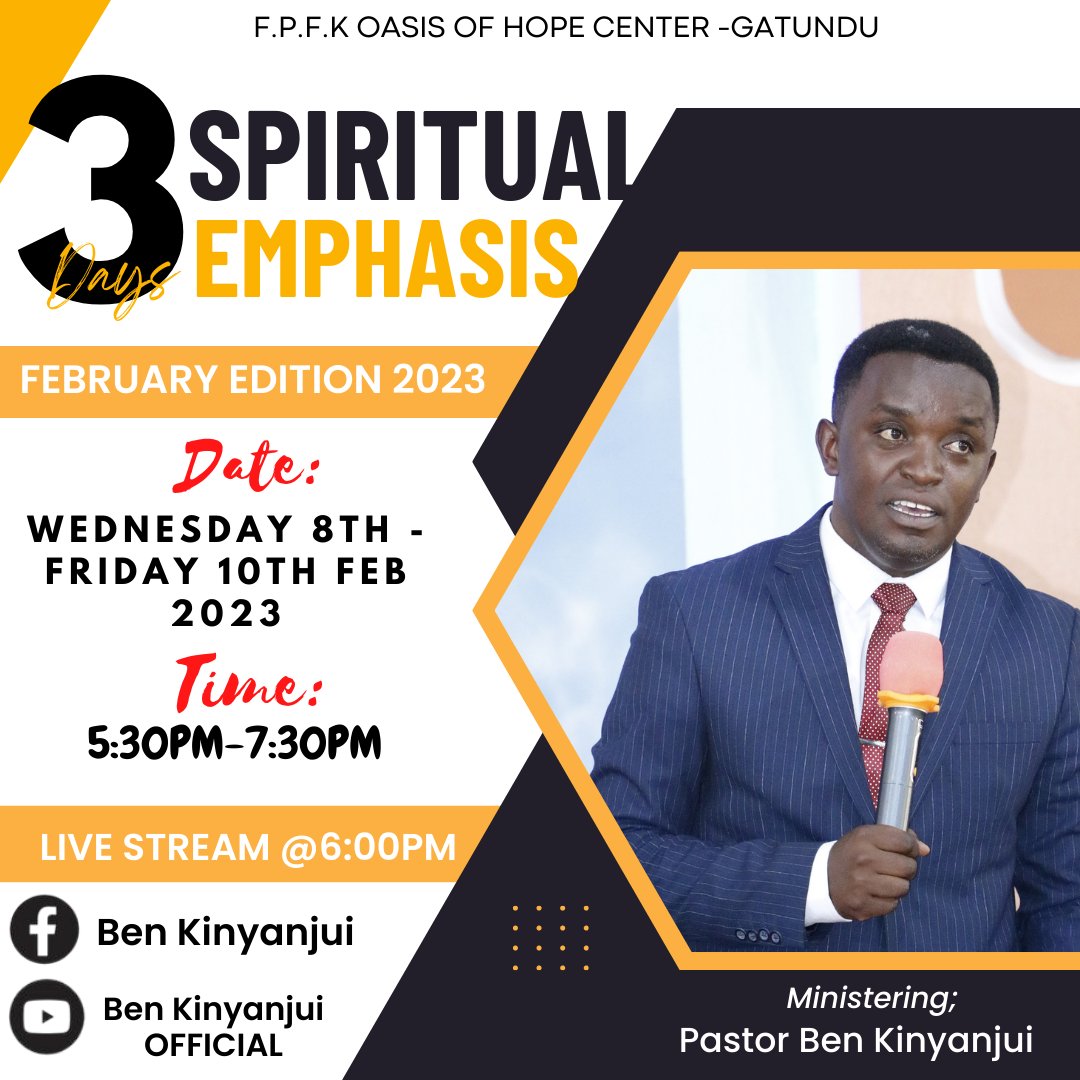 PstBenKinyanjui's tweet image. #SpiritualEmphasis 
#FebruaryEdition 

Join us from this Wednesday to Friday from 6pm live on Facebook Ben Kinyanjui and you will be bless through the sharing of God's word.

#BearingTheSeed 
#Possibilities