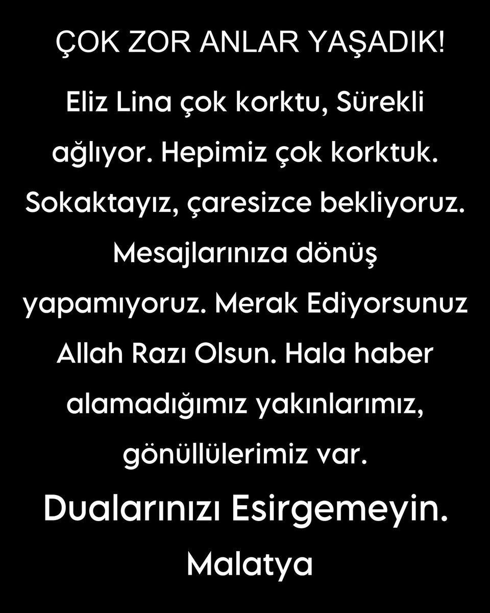 Malatya MAŞTİ otoparkına sma hastası Eliz ve ailesi icin acil yardim gerekmektedir.Lütfen gıda unsurlarıyla MAŞTİ otoparkındaki ailemize acil ulasım sağlanması gerekmekte.Yiyecek yemekleri yok.@ElizLinayaCanOl #DayanEliz #afaddeprem <a href="/AFADBaskanlik/">AFAD</a> <a href="/Kandilli_info/">Kandilli Rasathanesi</a> @ahbap_malatya
