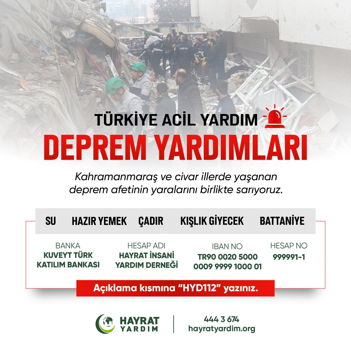 hayratyardim's tweet photo. Depremden dolayı evlerine girmeyen ailelerimizin temel ihtiyaç giderlerini karşılamaya çalışıyoruz. Siz de “DEPREM” yazıp 3674’e mesaj atarak veya “HYD112” koduna bağış yaparak vatandaşlarımıza destek olabilirsiniz. #deprem https://t.co/lcyxb0zdW4