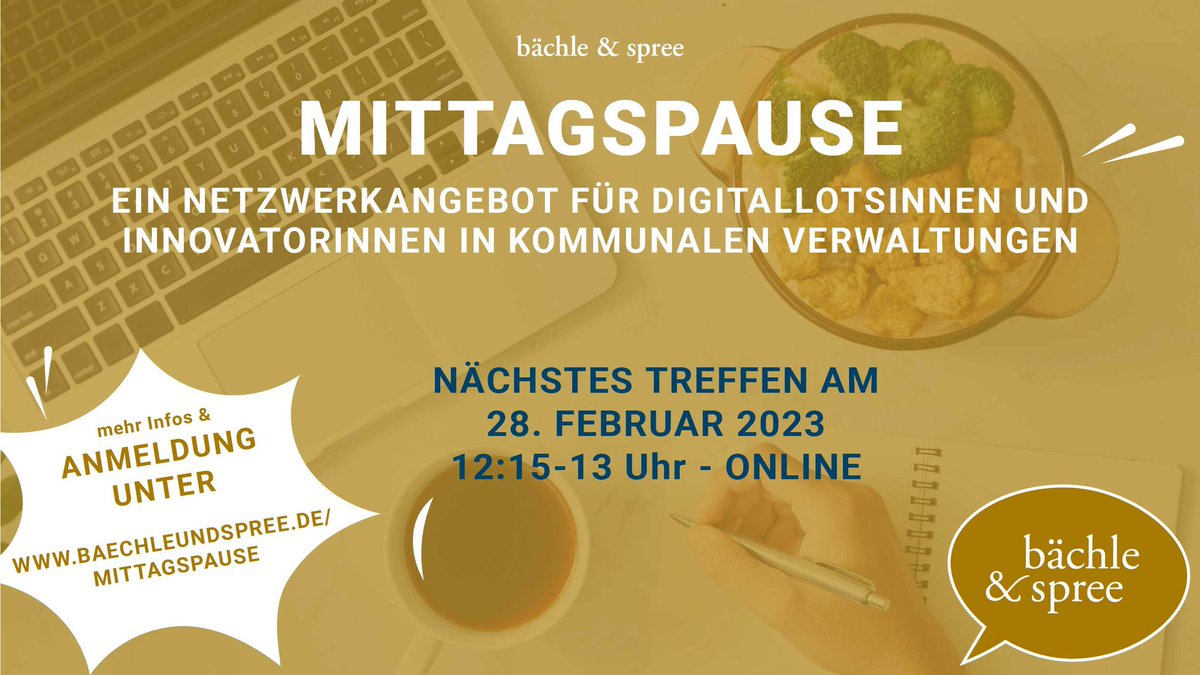 Frohe Einladung zu neuem Netzwerkformat von <a href="/BachleSpree/">Carlo Schöll</a> für #Innovatoren/#Digitallotsen-Teams. Austausch, gute Ansätze und Inspiration für Innovationsteams in #Kommunen. Ich freu mich auf euch. baechleundspree.de/mittagspause/