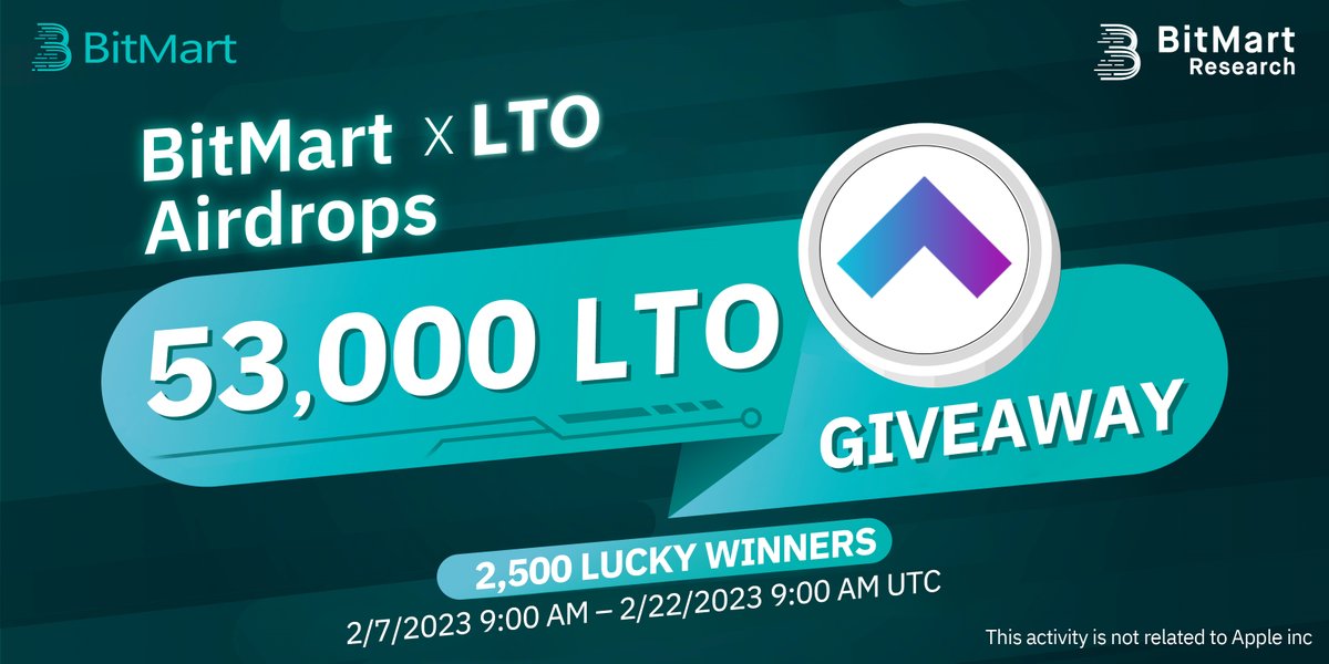 🌟BitMart X LTO Listing Airdrop!

1⃣Follow <a href="/BitMartResearch/">BitMart Research｜$BMX HODLer</a> &amp; <a href="/BitMartExchange/">BitMart</a> &amp; <a href="/TheLTONetwork/">LTO Network</a>
2⃣Join t.me/BitMartExchang… &amp; t.me/LTOnetwork
3⃣RT&amp;Tag 3 friends
4⃣Fill out:forms.gle/imRWCjAsCPXLaK…

🥳 53,000 LTO/ 2,500 winners 
Register👉 bitmart.com/register-refer…