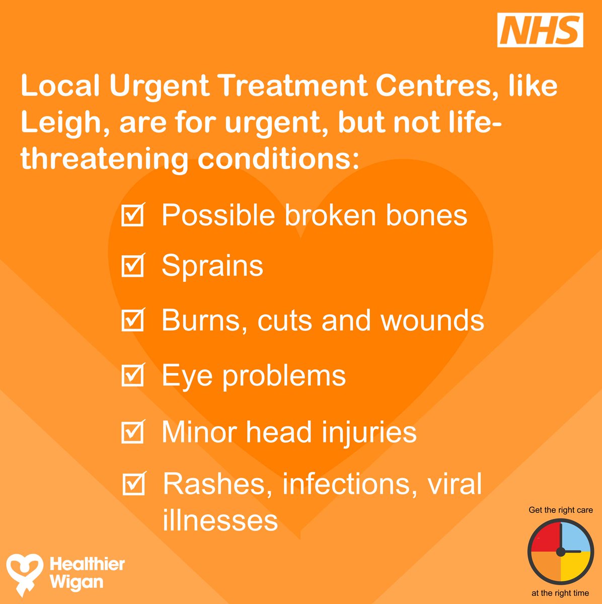 Did you know our Borough’s Walk-In centres can treat a range of urgent medical conditions?
The Walk-in-Centre in Leigh is open 365 days a year, including bank holidays from 7am-9pm
Think #111First or contact your GP, pharmacist, dentist, or A&E if absolutely necessary
