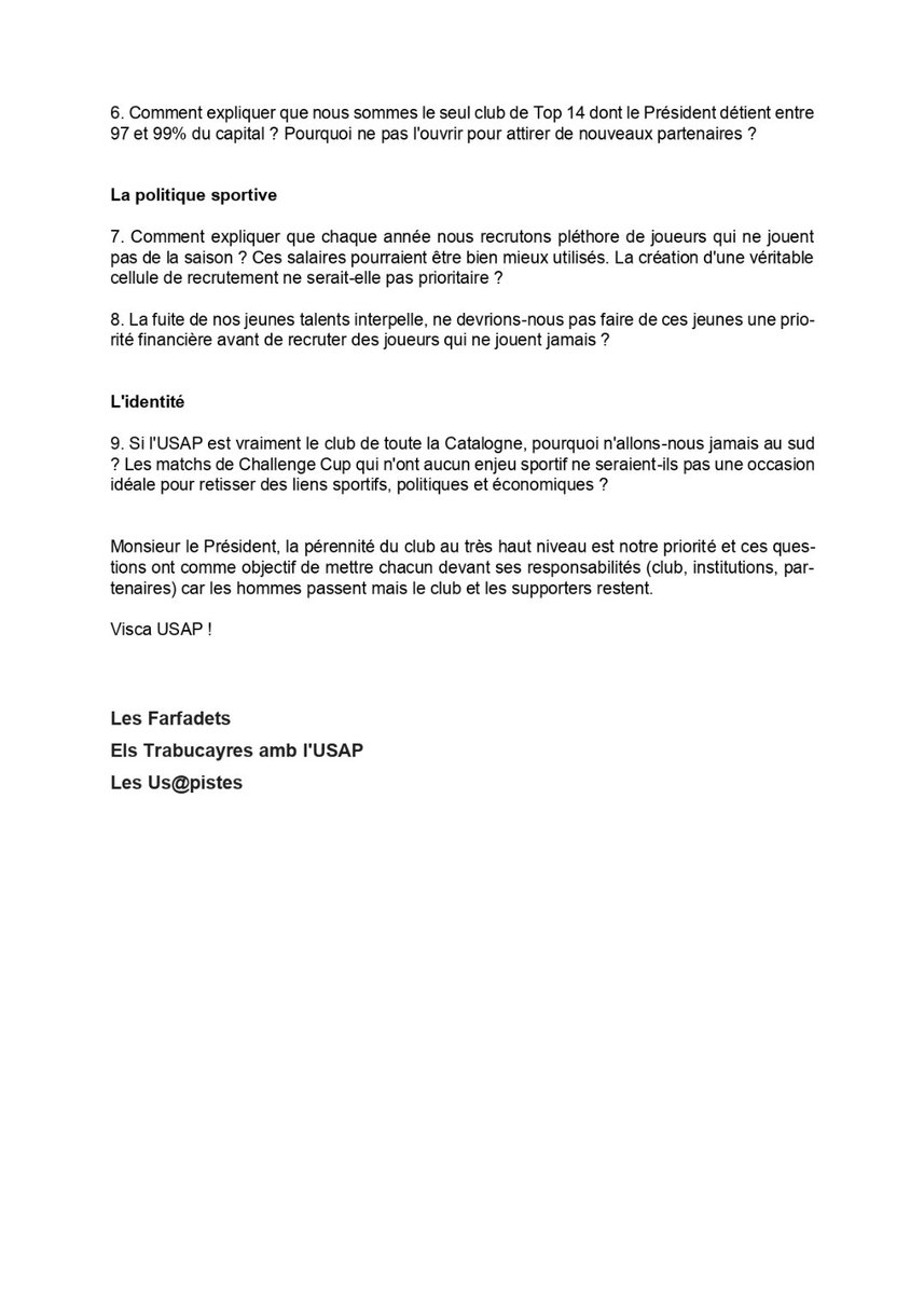 📣 Lettre ouverte à l'attention du Président de l'USAP <a href="/F_Riviere/">François Rivière</a> concernant la situation sportive, économique et structurelle du club.

📝 Signataires : <a href="/Farfadetsusap/">Les Farfadets avec USAP</a>, <a href="/ElsTrabucayres/">Penya Trabucayres</a> et les <a href="/usapistes/">Penya Les us@pistes</a>