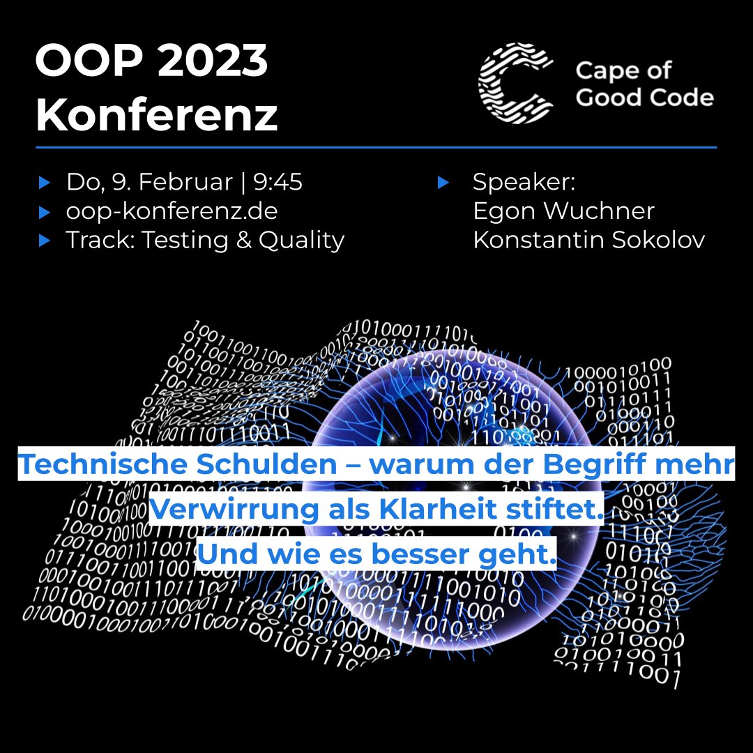 Cape of Good Code (@capeofgoodcode1) on Twitter photo Trefft uns online am 9. Februar um 9:45 auf der <a href="/oop_conference/">OOP Konferenz</a> 2023 zu unserem Talk:
#Technischeschulden – warum der Begriff mehr Verwirrung als Klarheit stiftet.
Und wie es besser geht.
Link zur Session: sigs-new.scoocs.co/event/63/stage…
#OOPKonferenz #softwarearchitektur #quality Trefft uns online am 9. Februar um 9:45 auf der <a href="/oop_conference/">OOP Konferenz</a> 2023 zu unserem Talk:
#Technischeschulden – warum der Begriff mehr Verwirrung als Klarheit stiftet.
Und wie es besser geht.
Link zur Session: sigs-new.scoocs.co/event/63/stage…
#OOPKonferenz #softwarearchitektur #quality