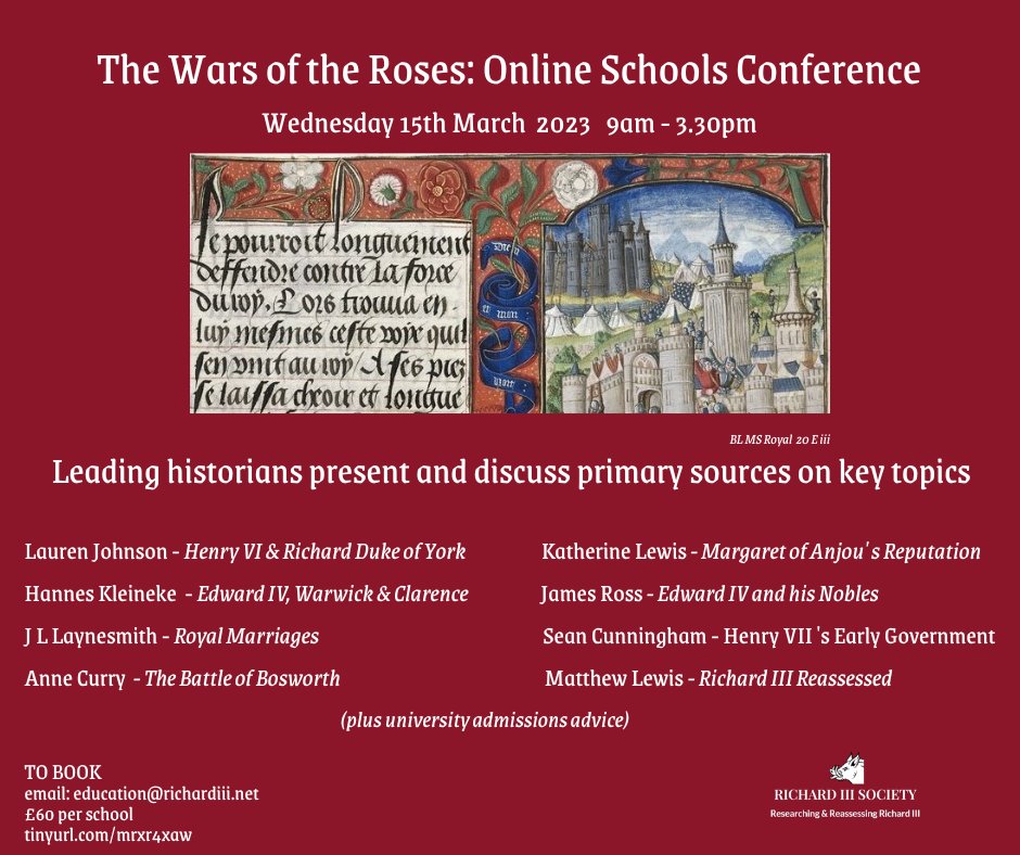 Next month! The Wars of the Roses Schools Conference 15th March 2023. Register your class now! This online year’s conference includes presentations on some of the major players in the War of the Roses. For more details & to register: ow.ly/yMrI50ML7vg #HistoryTeachers