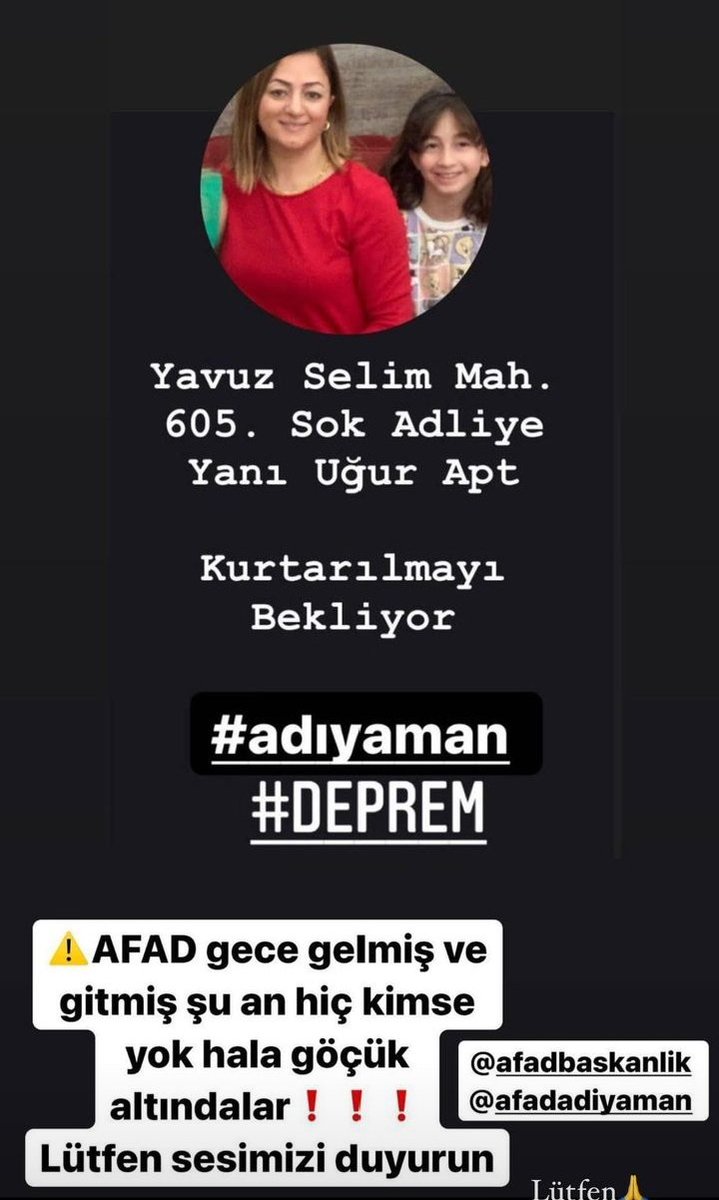 #afadadiyaman 
#afadahbap 
Hala ekip bekleniyor ,kurtarılmayı bekliyor...
Dualarımız sizinle ,tüm zorda kalanlarla birlikte ...