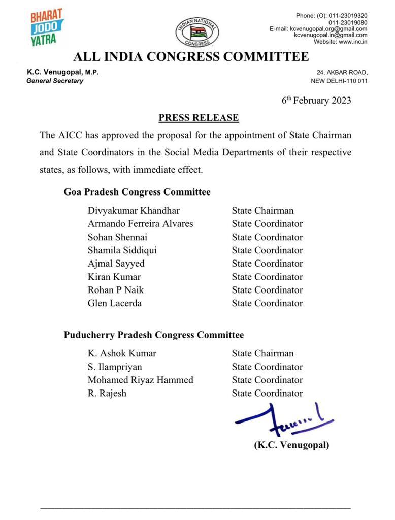 I'm grateful to @INCIndia for reposing your faith in me and appointing as @INCPuducherry social media Chairman. I will give my best! Sincere Thanks to all my leaders @RahulGandhi ji, @kharge ji, @SupriyaShrinate ji, @VNarayanasami ji @nitinagarwalINC ji @kcvenugopalmp ji