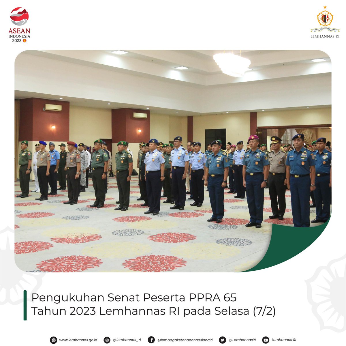 LemhannasRI's tweet photo. Hari ini senat PPRA 65 dikukuhkan. Tidak terlupa begitu saja setelah mereka kembali ke instansi masing-masing, namun kepengurusan ini akan menjadi pengalaman bermakna yg mengeratkan tali persahabatan, jauh setelah para peserta menyelesaikan pendidikan kelak.

#LemhannasRI
#PPRA65 https://t.co/D9IYlX1bGq